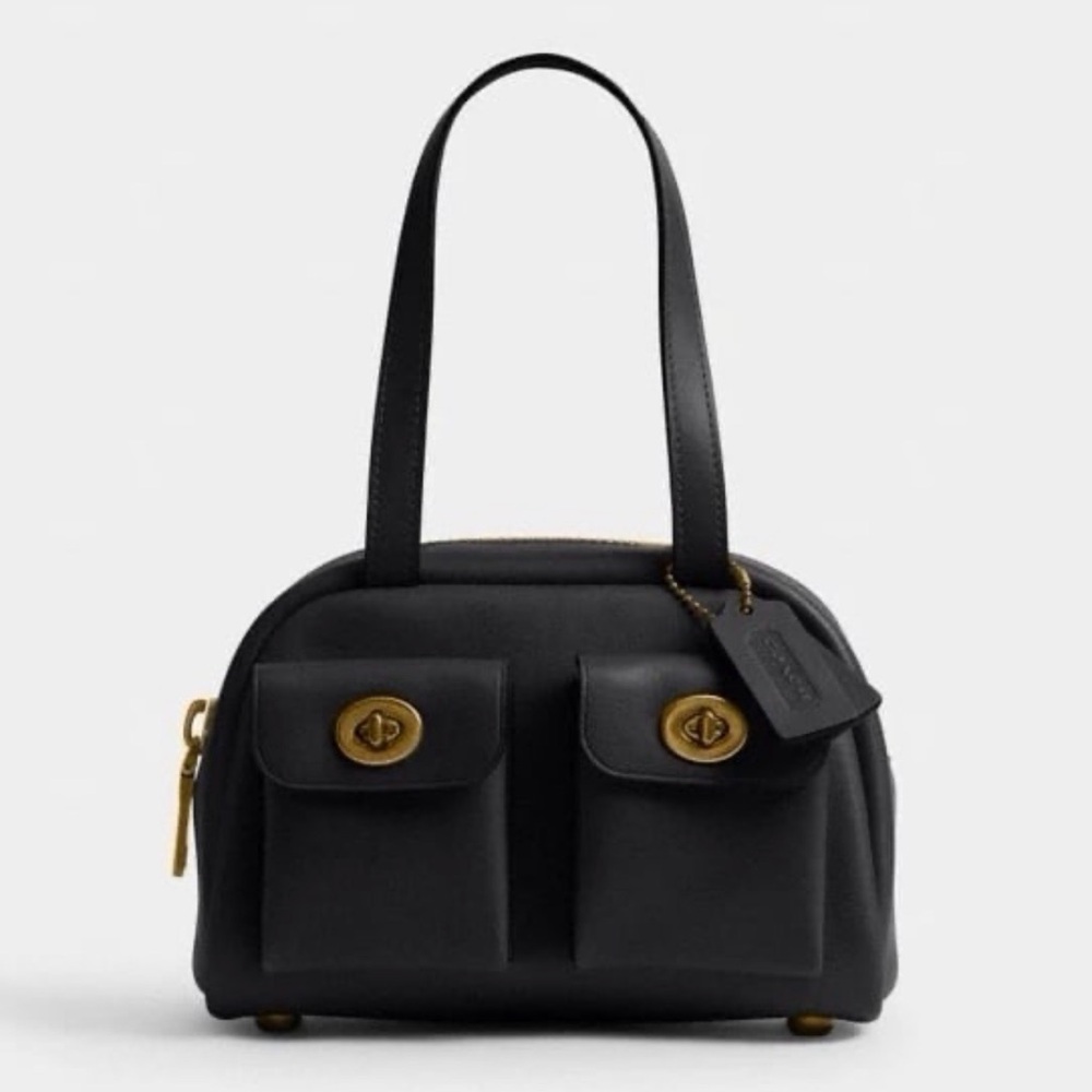 Coach Twin Turnlock Bag 20 Satchel in Dark Brass/Black Waxed Smooth Leather NWT